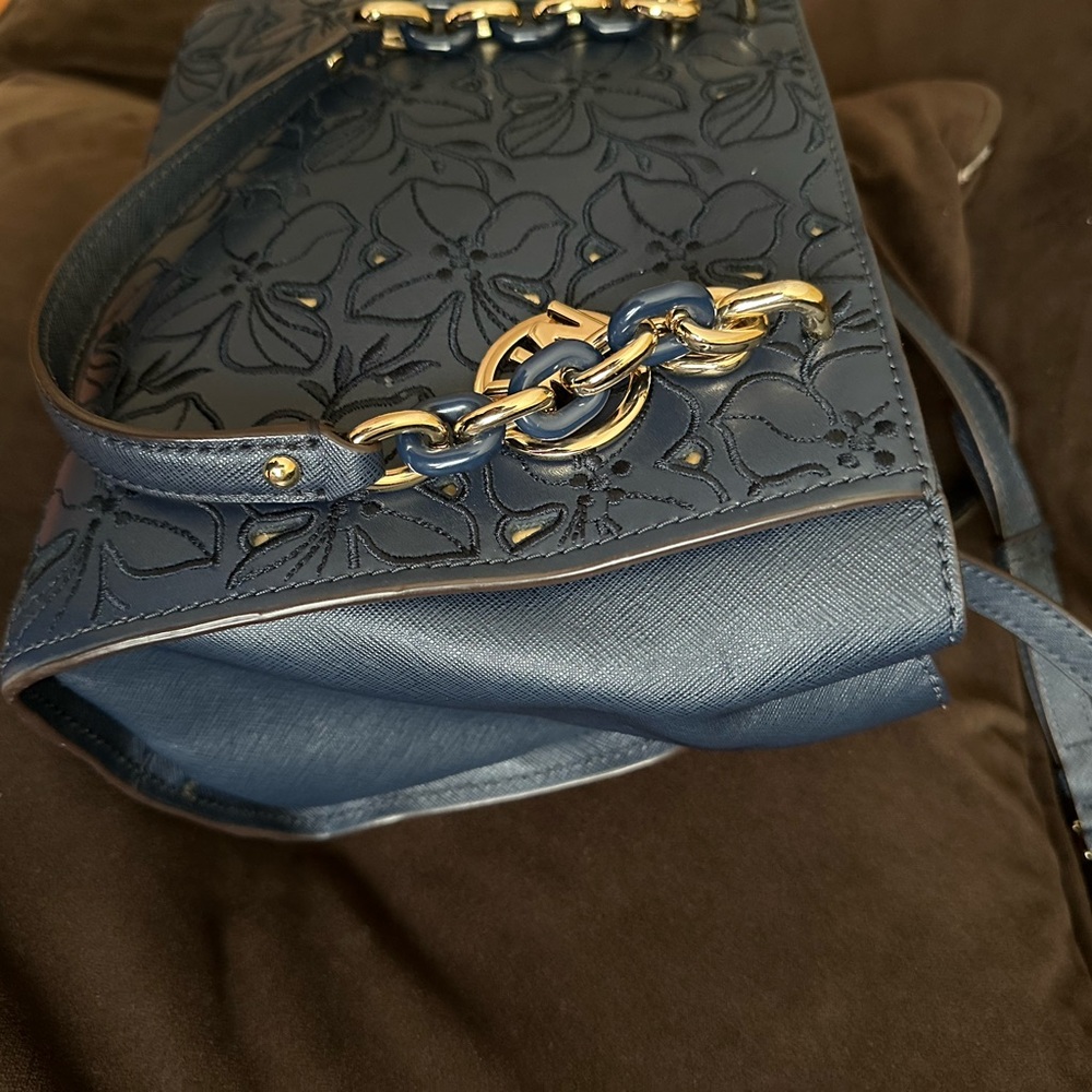 Michael Kors Sophia North South Navy Floral Crossbody Satchel with Gold Accents - Picture 11 of 11